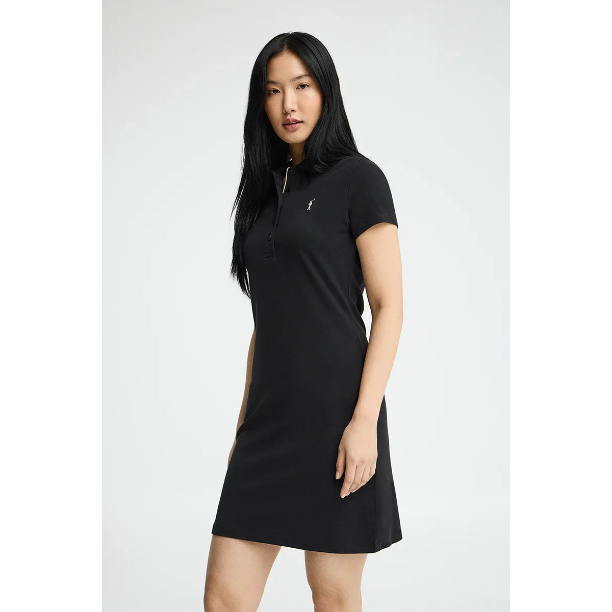 Vestido corto negro de manga corta con cuello polo y logo Rigby Go