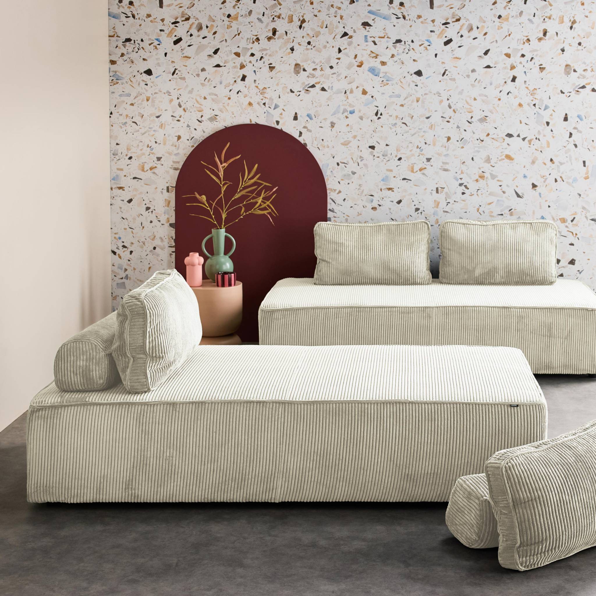 Lot de 2 chauffeuses LAO 2 places pour canapé modulable velours côtelé crème. L 180 x P 90 x H 78cm
