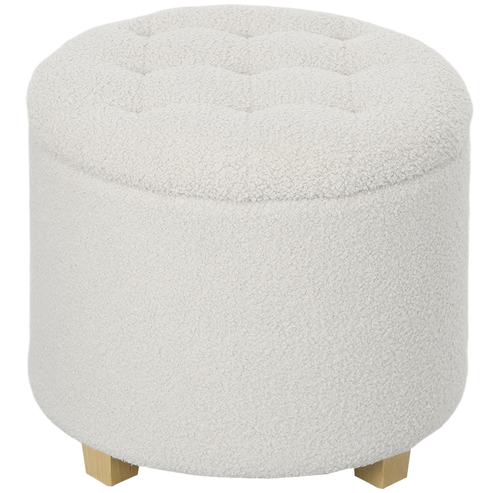 Puff Almacenaje, Baúl de Almacenaje Redondo 40,5L, 45x45x41 cm, Tapizado en Borreguillo, Taburete Reposapiés con Patas de Madera, Asiento Acolchado, para Salón, Dormitorio, Entrada, Blanco