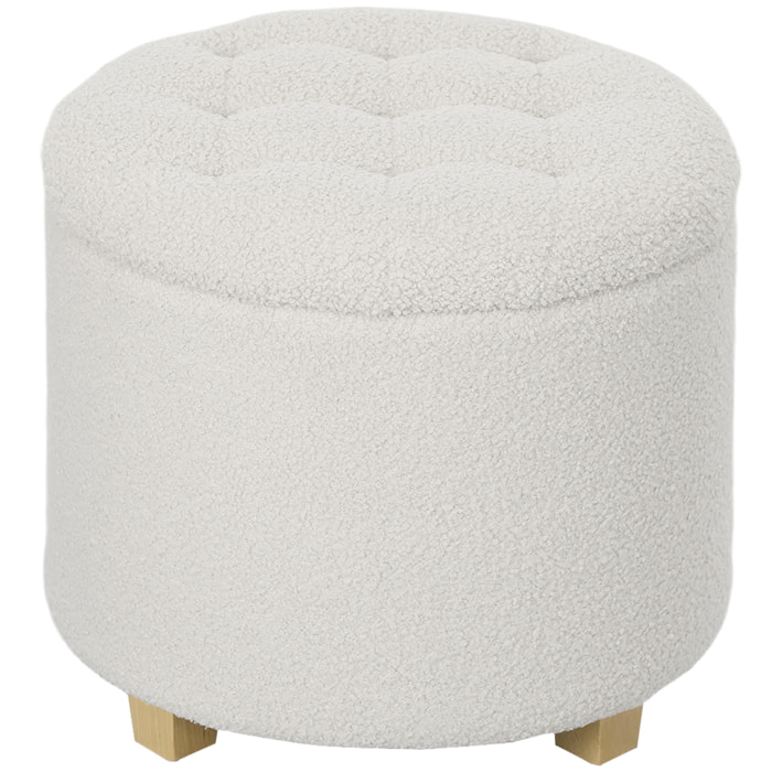Puff Almacenaje, Baúl de Almacenaje Redondo 40,5L, 45x45x41 cm, Tapizado en Borreguillo, Taburete Reposapiés con Patas de Madera, Asiento Acolchado, para Salón, Dormitorio, Entrada, Blanco