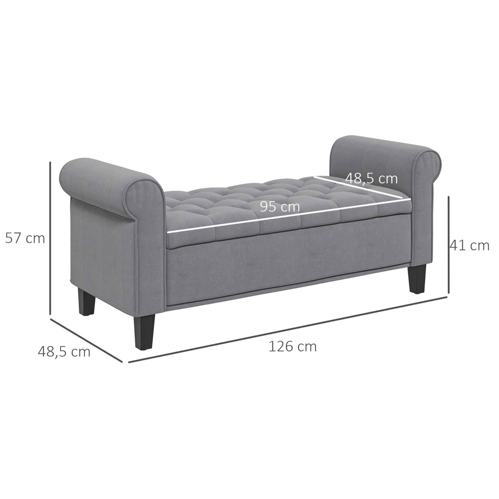 Banc coffre banquette coffre de rangement velours dim. 126 x 48,5 x 57 cm piètement bois hévéa noir gris