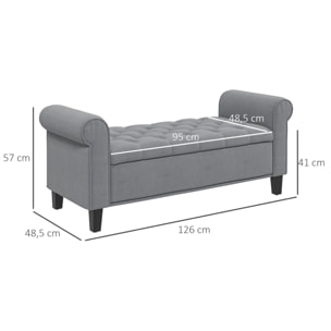 Banc coffre banquette coffre de rangement velours dim. 126 x 48,5 x 57 cm piètement bois hévéa noir gris
