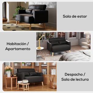 Sofá de 2 Plazas Tapizado en Cuero Sintético Sofá de Salón de 117 cm con Reposabrazos Acolchado Grueso Respaldo Acanalado y Patas de Madera para Dormitorio Sala de Estar Negro