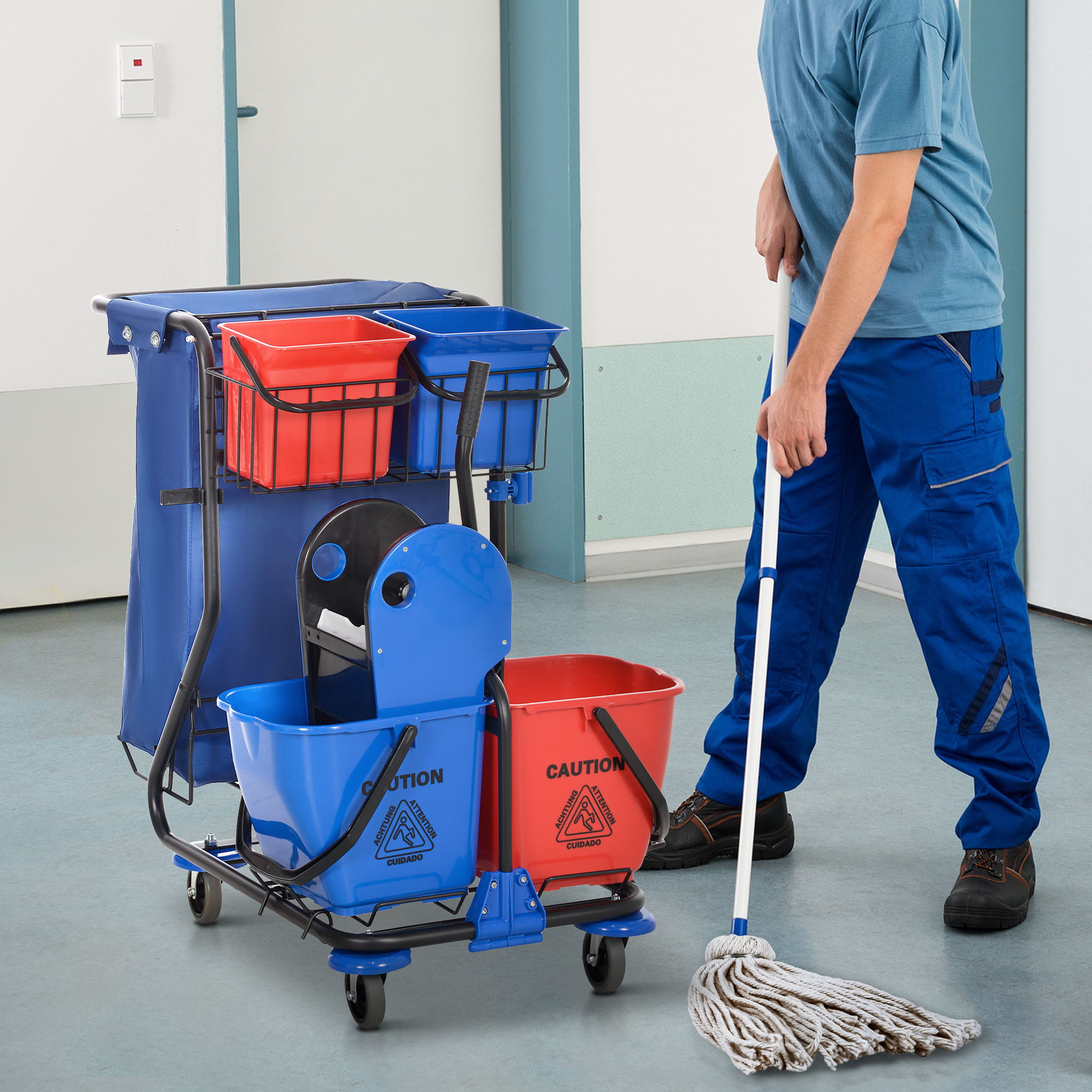 Carro de Limpieza con Bolsa de Basura Carro de Servicio con Doble Cubo de 18 Litros Escurridor de Prensa 2 Cubetas Auxiliares 93x80x97 cm Rojo y Azul