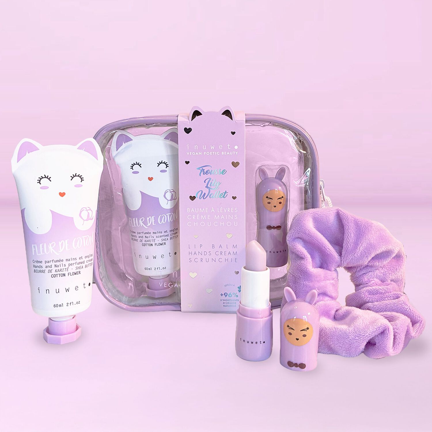 Lily Wallet - Trousse Baume à Lèvres parfum Guimauve + Crème Mains 60 + 1 Chouchou