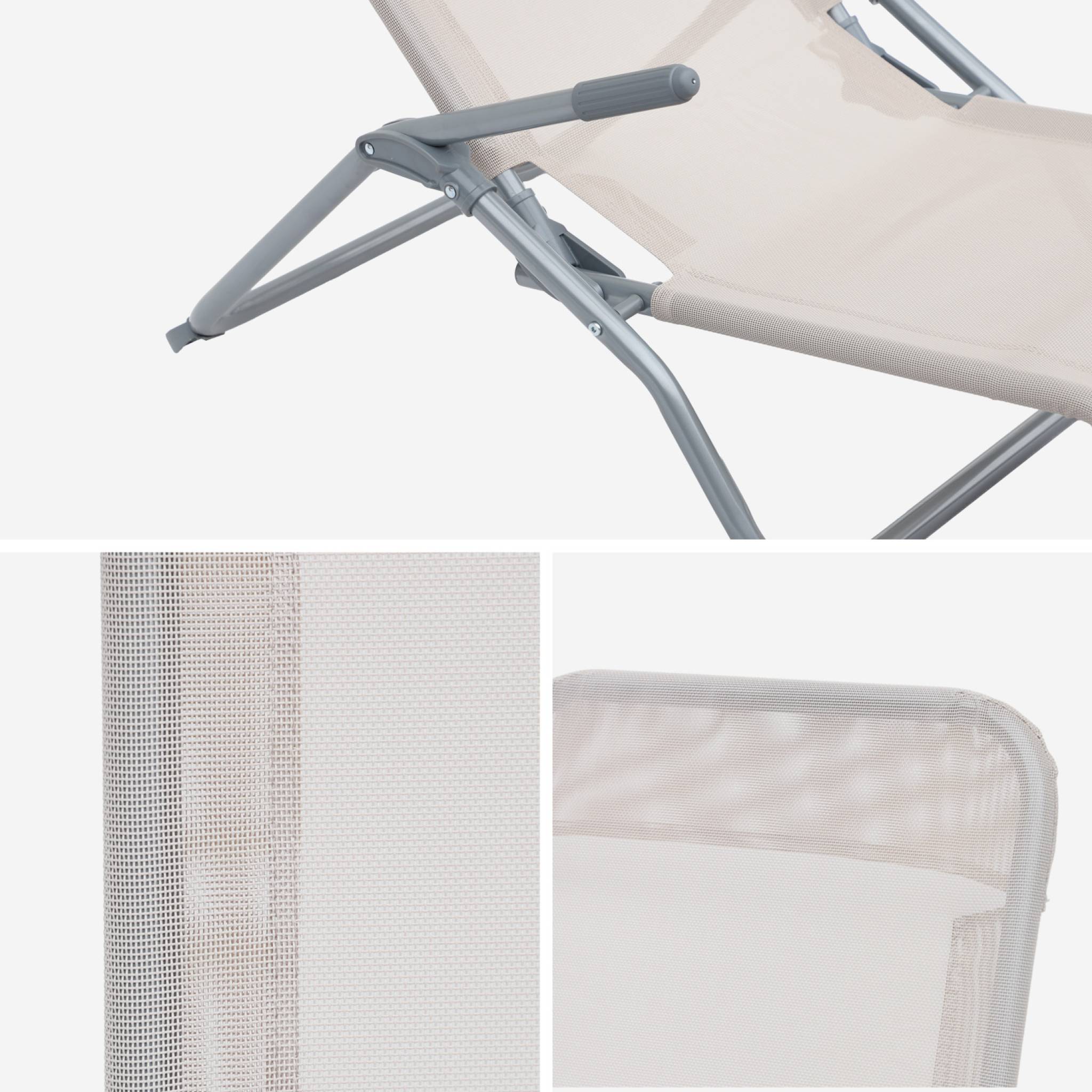 Lot de 2 bains de soleil pliants - Levito Taupe - Transats textilène 2 positions. chaises longues