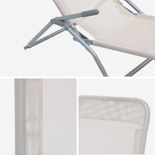 Lot de 2 bains de soleil pliants - Levito Taupe - Transats textilène 2 positions. chaises longues