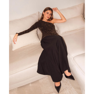 Vestido midi con cuerpo de punto brillante y falda de tafetán de mujer