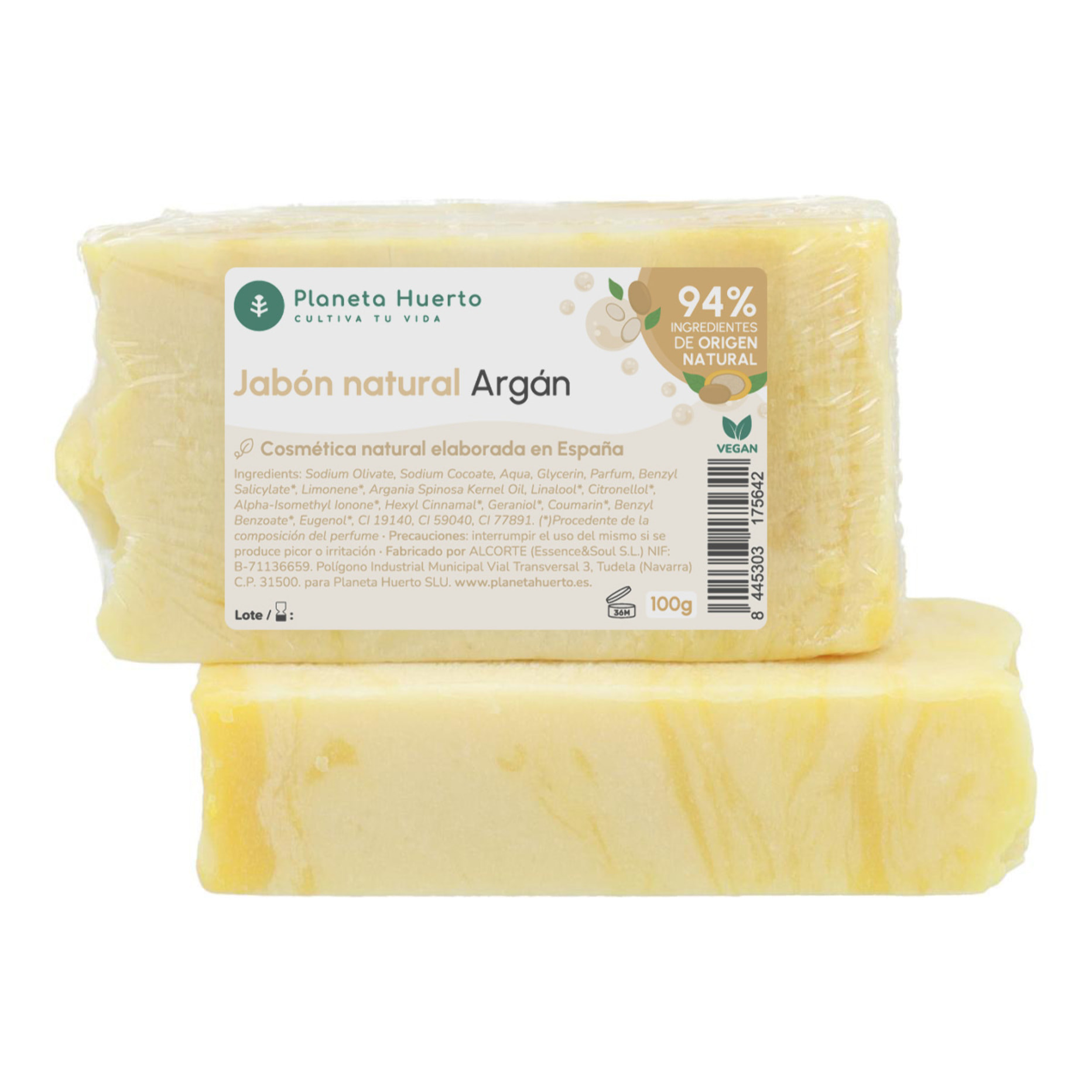 PLANETA HUERTO | Jabón Natural de Aceite de Oliva y Argán 100 g | Hidratante y Nutritivo | Piel Suave y Radiante