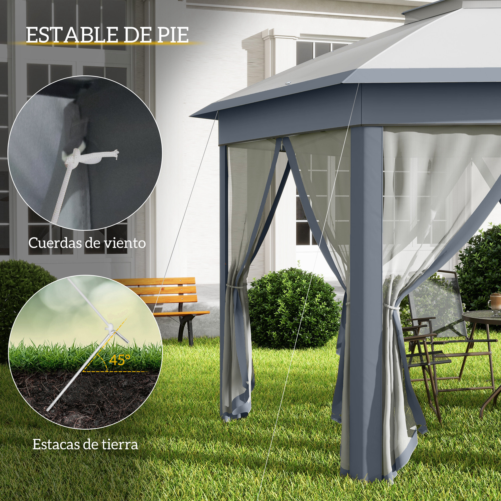 Carpa Plegable 4x3,4 m, Cenador de Jardín Hexagonal con Doble Techo, 6 Mosquiteras Extraíbles y Bolsa de Transporte, Impermeable, Anti-UV para Exterior, Fiestas, Gris