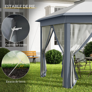Carpa Plegable 4x3,4 m, Cenador de Jardín Hexagonal con Doble Techo, 6 Mosquiteras Extraíbles y Bolsa de Transporte, Impermeable, Anti-UV para Exterior, Fiestas, Gris