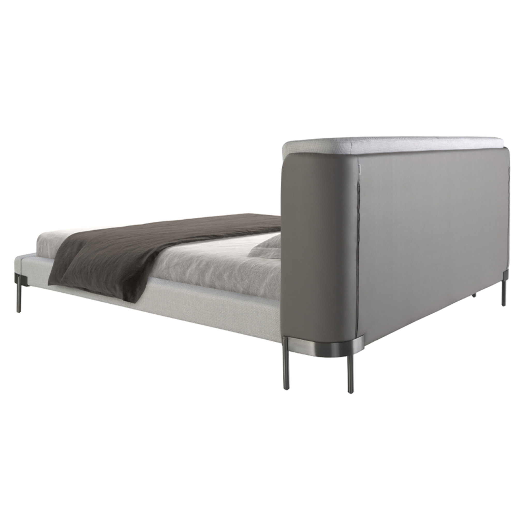 Cama Angel Cerdá de matrimonio con un cabecero y estructura en tela en gris claro y patas de acero inoxidable pulido oscurecido 218x229x105cm