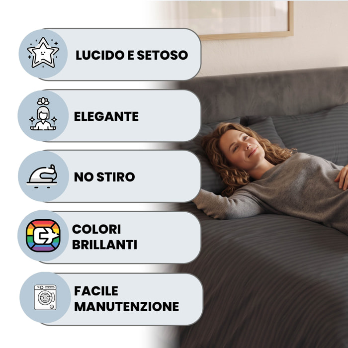PARURE COPRIPIUMINO SATIN STRIPES, 100% Raso di Poliestere, Made in Italy, No Stiro - NERO
