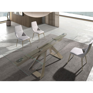 Silla con asiento y respaldo tapizados en tela gris claro patas de acero inoxidable en dorado metal 48x60x90cm