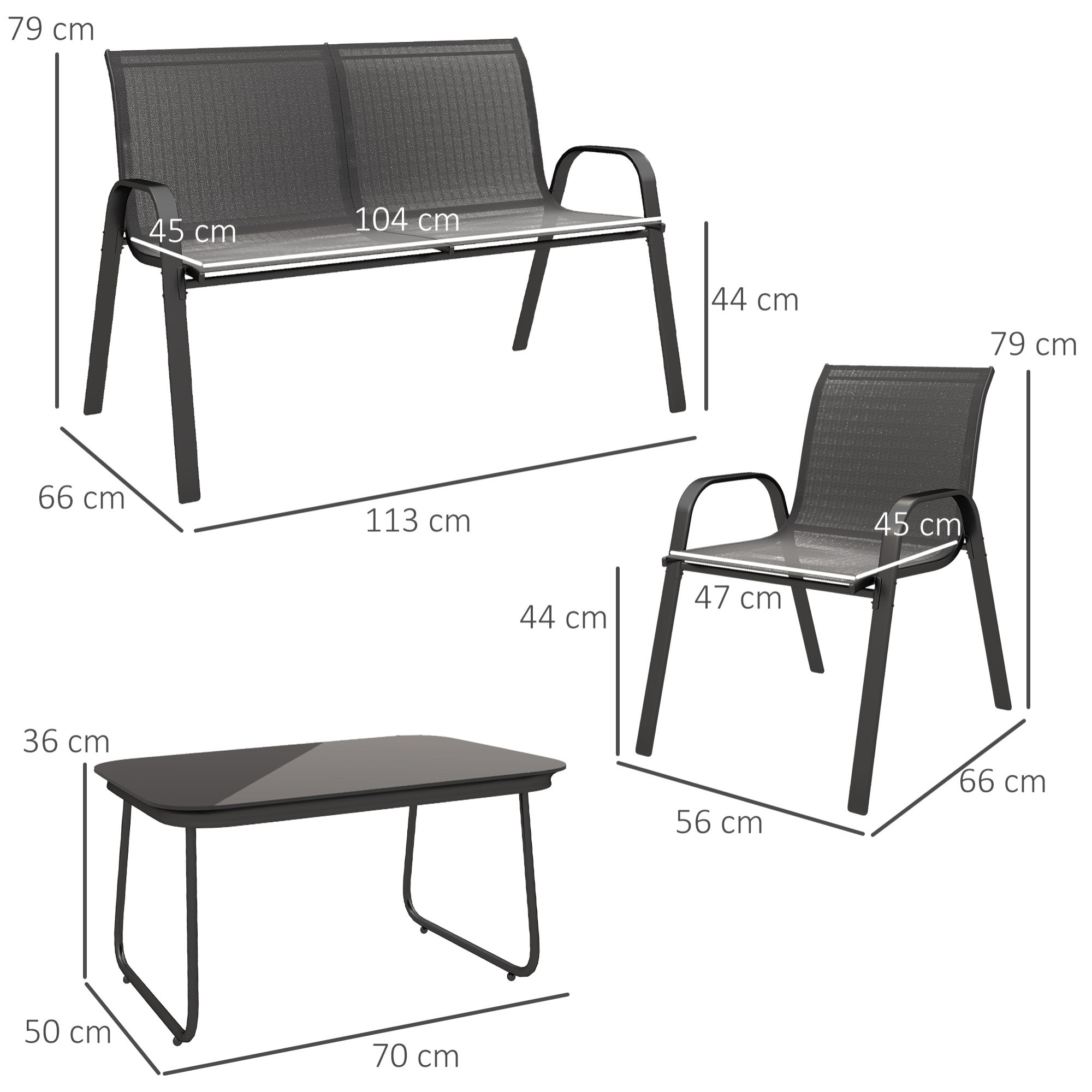 Conjunto de Jardín Exterior 4 Piezas Muebles Jardín Exterior con 2 Sillones Apilables 1 Sofá de 2 Plazas y Mesa de Centro con Tablero de Vidrio Templado Negro
