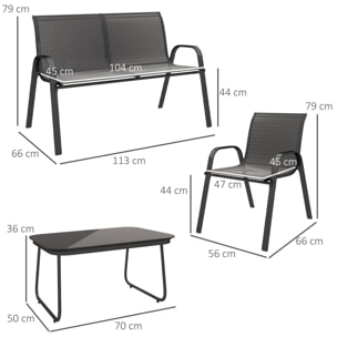 Conjunto de Jardín Exterior 4 Piezas Muebles Jardín Exterior con 2 Sillones Apilables 1 Sofá de 2 Plazas y Mesa de Centro con Tablero de Vidrio Templado Negro