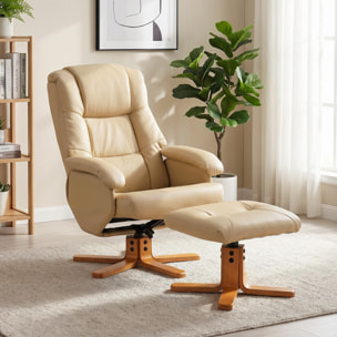 Fauteuil relax inclinable pivotant avec repose-pied piètement bois clair synthétique beige