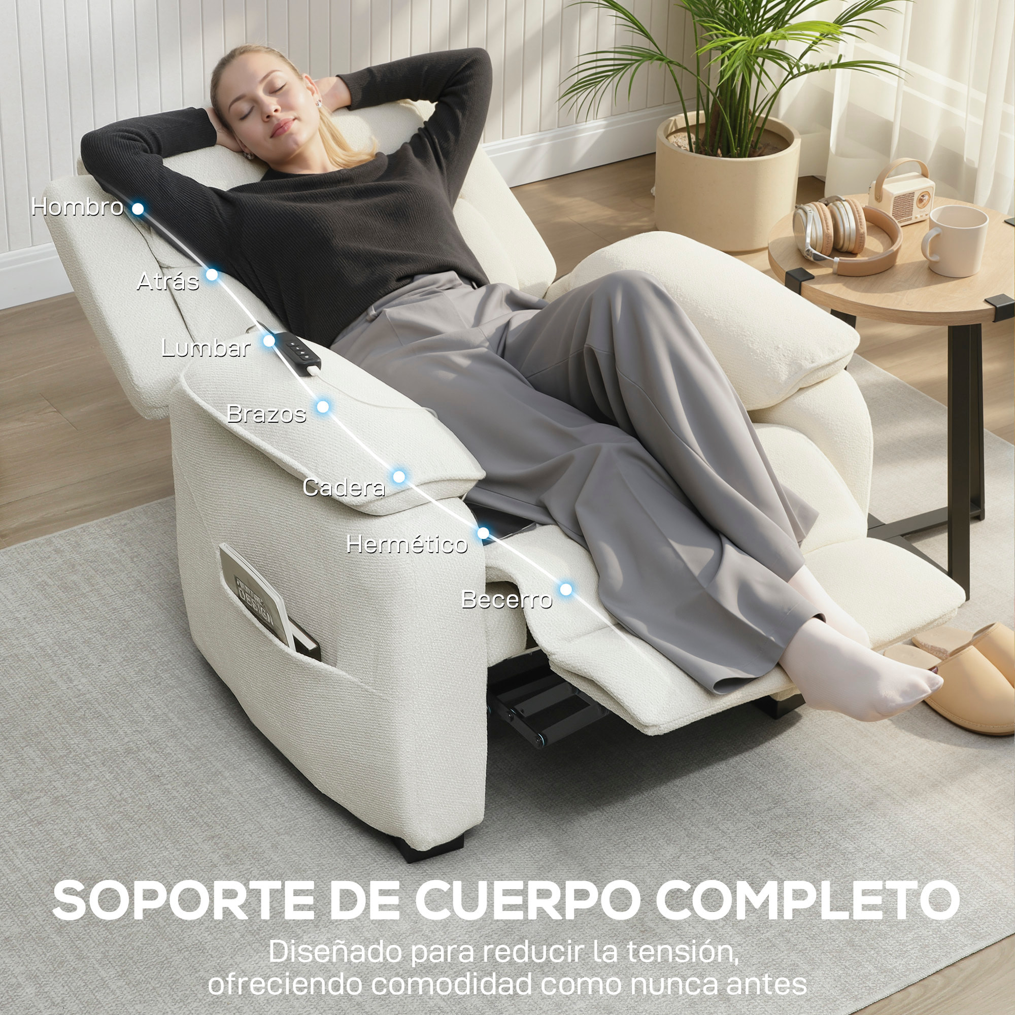 Sillón Relax Reclinable Eléctrico con Motor Silencioso, Sillón Reclinable de Terciopelo con Mando con 2 Posiciones de Memoria, Reposapiés, Reposacabezas, Puerto USB, Bolsillos, Blanco Crema