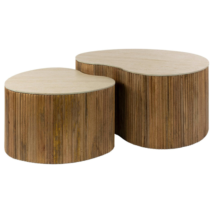 Jade - lot de 2 tables basses gigognes effet travertin - pieds en bois massif de manguier - 93 et 76 cm - Bois / Beige