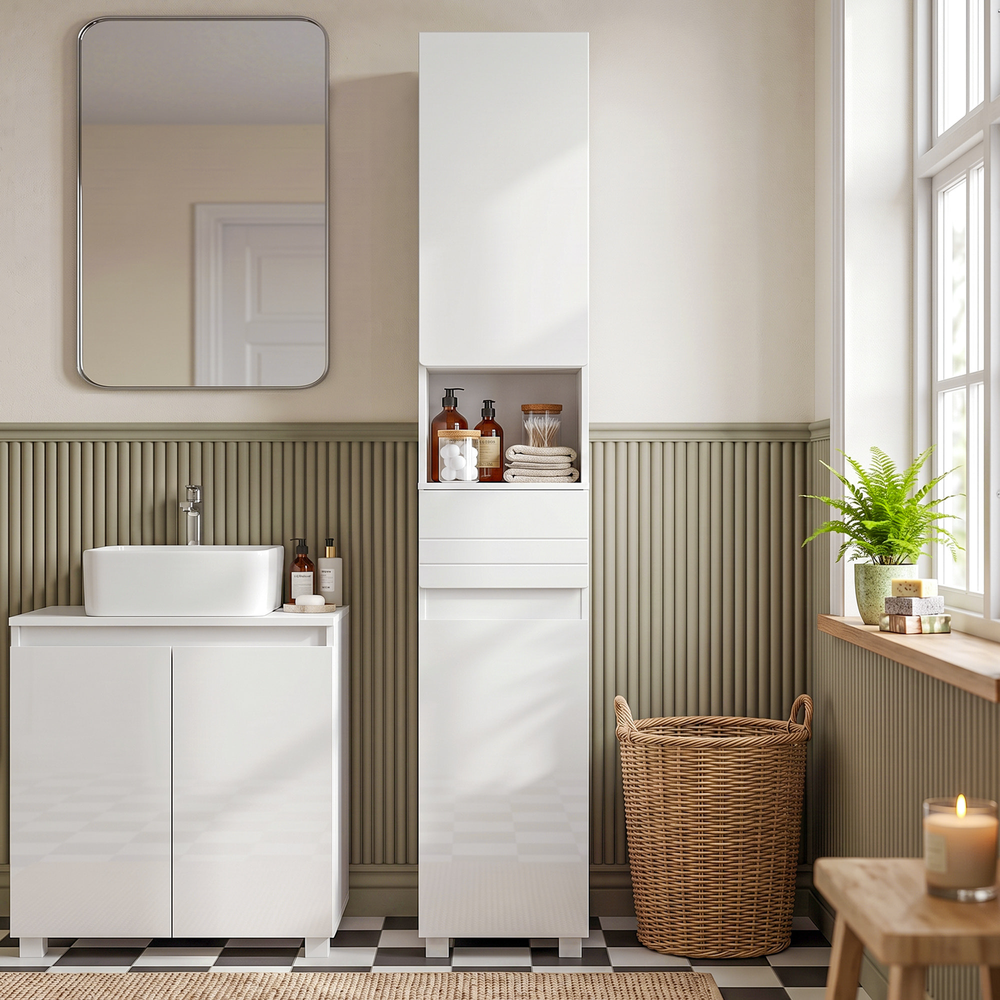 Armario Alto de Baño, Mueble de Baño Estrecho de Alto Brillo con Cajón, Compartimento Abierto y Estantes Ajustables, para Espacios Pequeños, 30x30x170 cm, Blanco