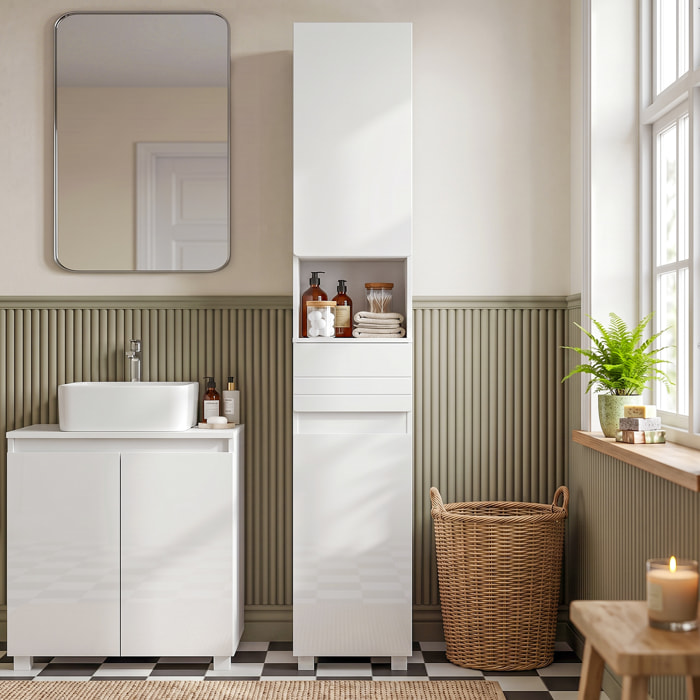 Armario Alto de Baño, Mueble de Baño Estrecho de Alto Brillo con Cajón, Compartimento Abierto y Estantes Ajustables, para Espacios Pequeños, 30x30x170 cm, Blanco