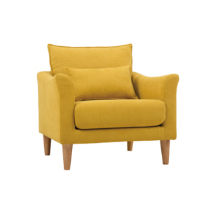 Fauteuil scandinave en tissu effet velours jaune moutarde et bois clair KATE