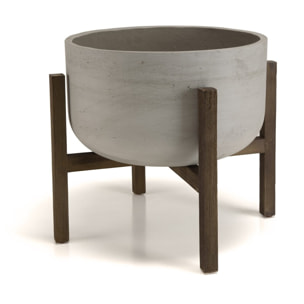 HECTOR - Pot de fleur rond en béton sur pieds en acacia marron