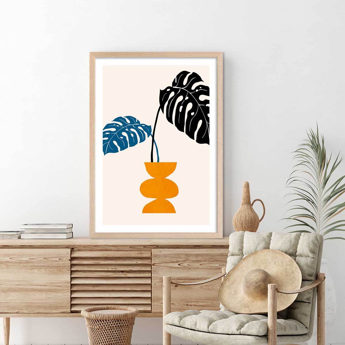 Affiche graphique ""plante en pot"" Affiche + cadre en bois - Chêne