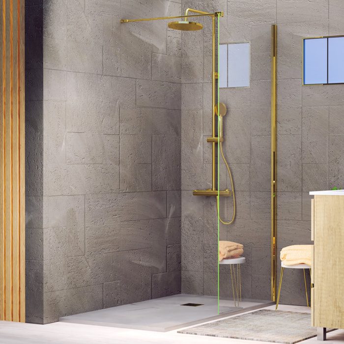 Mampara de Ducha | Panel Fijo | 70 X 195 cm | Perfil Dorado | Cristal Templado con Espesor de 8mm| Tratamiento Antical | Alday