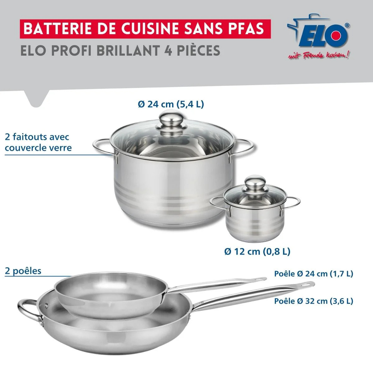 Ensemble de 2 Poêles de cuisson 24 et 32 cm et 2 faitouts 12 et 24 cm Elo Profi Brillant
