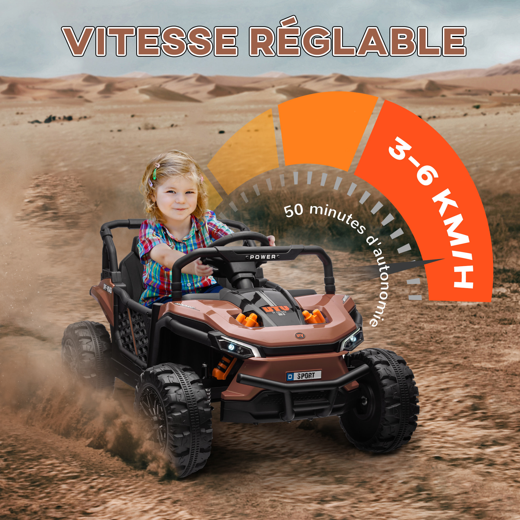 Buggy électrique enfant UTV - quad électrique enfant - 12V, 2 moteurs, 6Km/h max. - télécommande - nombreux effets - noir marron