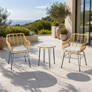 Ensemble de jardin 2 fauteuils et table basse effet rotin naturel LUGO