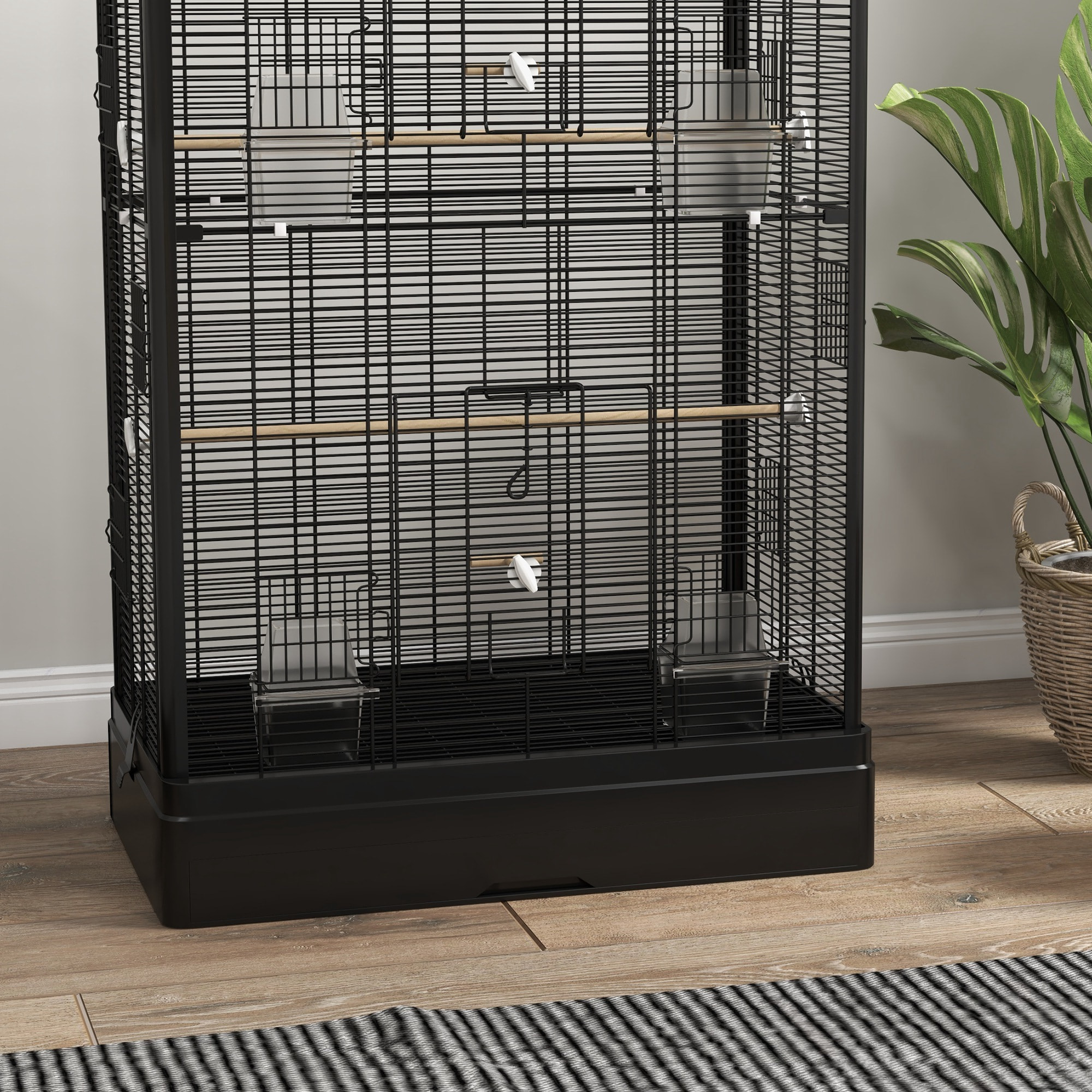 Jaula para Pájaros 61x36,5x98 cm Pajarera con Puertas Perchas Bandeja Extraíble Cajas de Comidas y Asas Jaula para Ninfas Periquitos Pinzones Canarios Negro