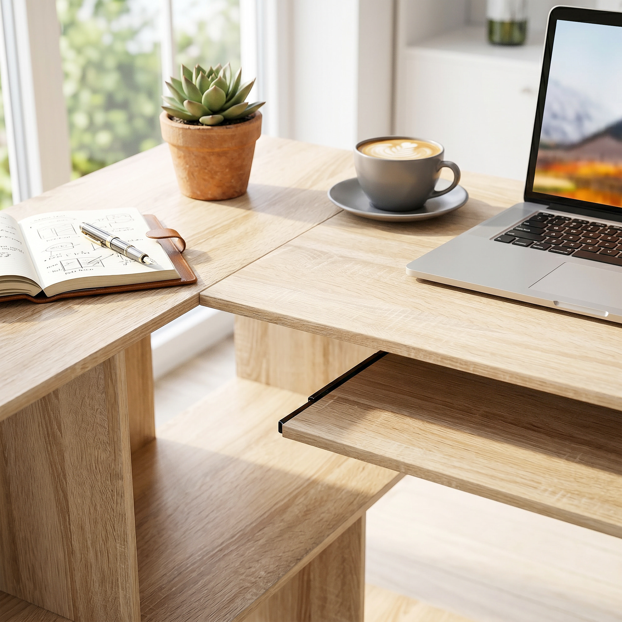Bureau informatique - bureau d'angle 120 x 100 cm - tablette coulissante clavier, 4 niches - effet bois clair