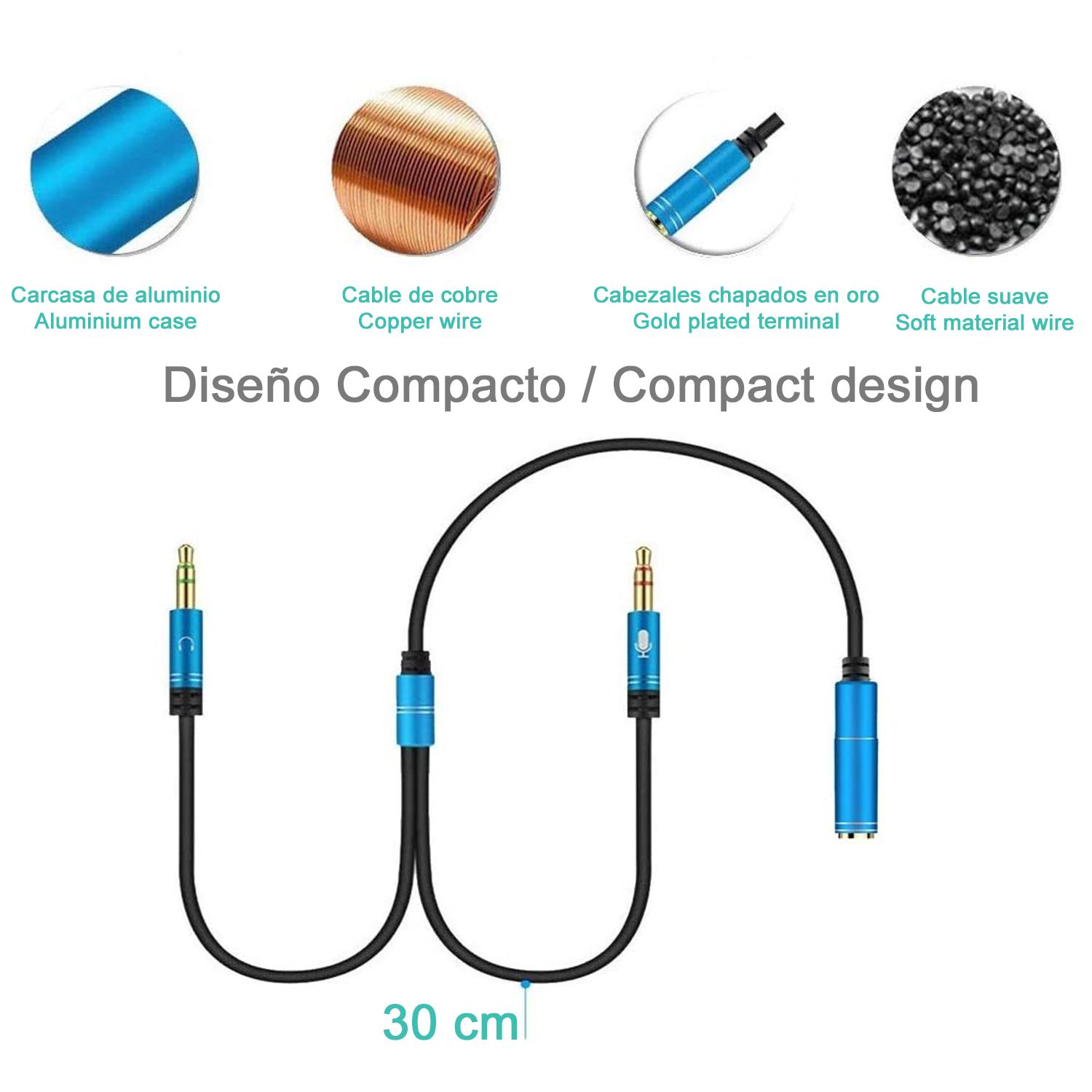 Convertitore splitter da minijack (femmina) a doppio minijack maschio (microfono e altoparlante). Usa le cuffie con microfono integrato e un semplice minijack sul tuo PC.