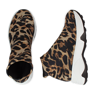 Sneakers a calza leopard in lycra, zeppa 5 cm