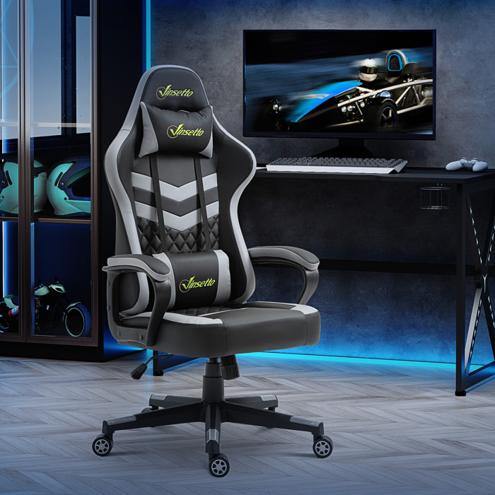 Silla Gaming Basculante Silla Gamer Altura Regulable con Reposacabezas y Cojín Lumbar para Oficina Dormitorio Carga 120 kg 61x70x121-129 cm Negro y Gris