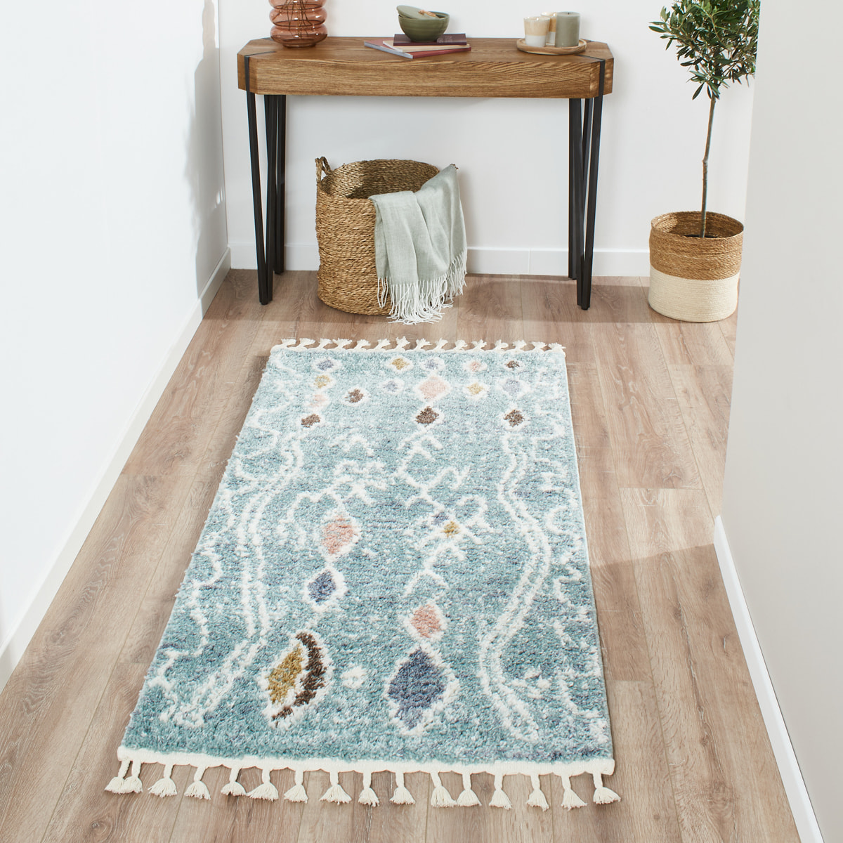 Delya - tapis salon berbère à poils longs en laine artificielle, turquoise