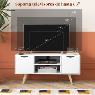 Mueble de TV Moderno Mueble para Televisores de 50 Pulgadas Mesa de TV para Salón con 2 Puertas 2 Estantes Abiertos y Patas de Madera 110x39x50 cm Blanco