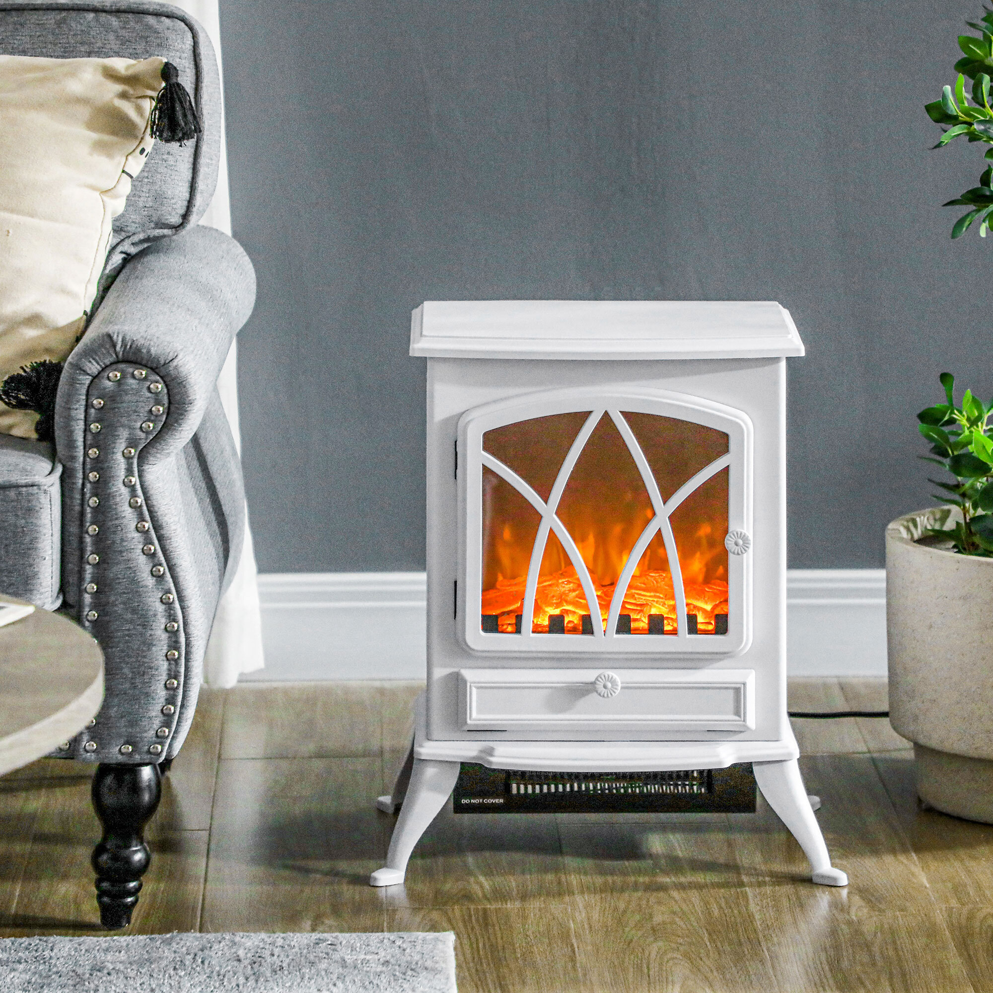 Chimenea Eléctrica 1000W/2000W Chimenea Decorativa con Ventana Efecto de Llama Brillo Ajustable y Protección Sobrecalentamiento para 15-30 ãŽ¡ 45x28,5x54 cm Blanco