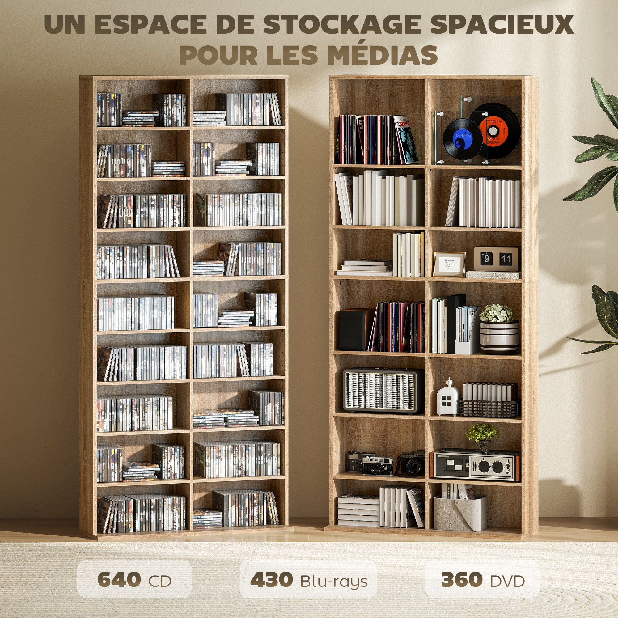 Étagère pour CD et DVD - 18 compartiments, 14 étagères réglables - 78,5x24x175cm - naturel