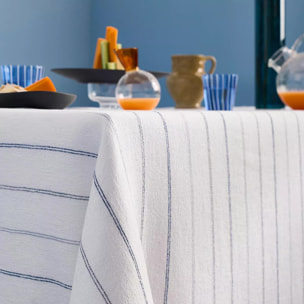 Nappe pur coton lavé motif jacquard blanc bleu Rimini blu