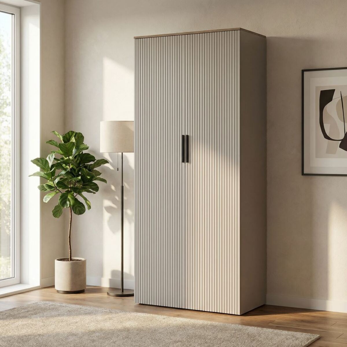 Armadio camera da letto a 2 ante tortora con maniglie nere 87x54x210 cm - Trama