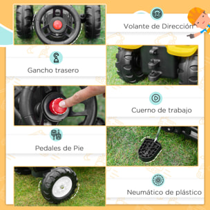 Tractor a Pedales para Niños de +3 Años Excavadora para Niños con Pala Delantera y Bocina Carga 35kg Tractor Infantil para Exterior 107x42x71 cm Amarillo