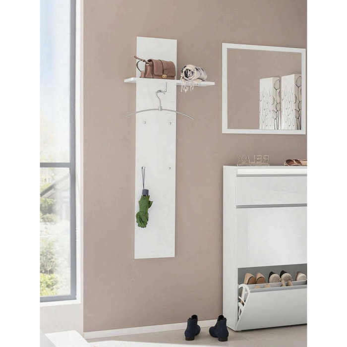 Appendiabiti verticale, Made in Italy, con ripiano e 4 ganci, Mobile per ingresso, Entratina moderna, cm 50x27h140, colore Bianco lucido