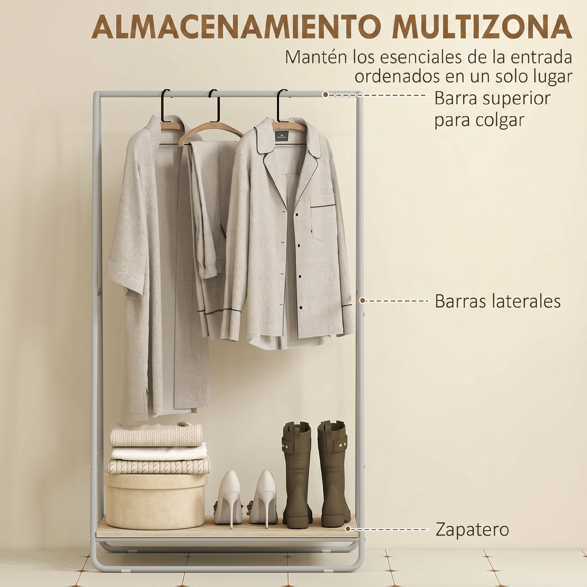 Perchero Zapatero 3 en 1, Perchero Recibidor con Estante para Zapatos, Barras Superior y Laterales, Estructura de Metal para Entrada, Dormitorio, Sala de Estar, Natural y Gris