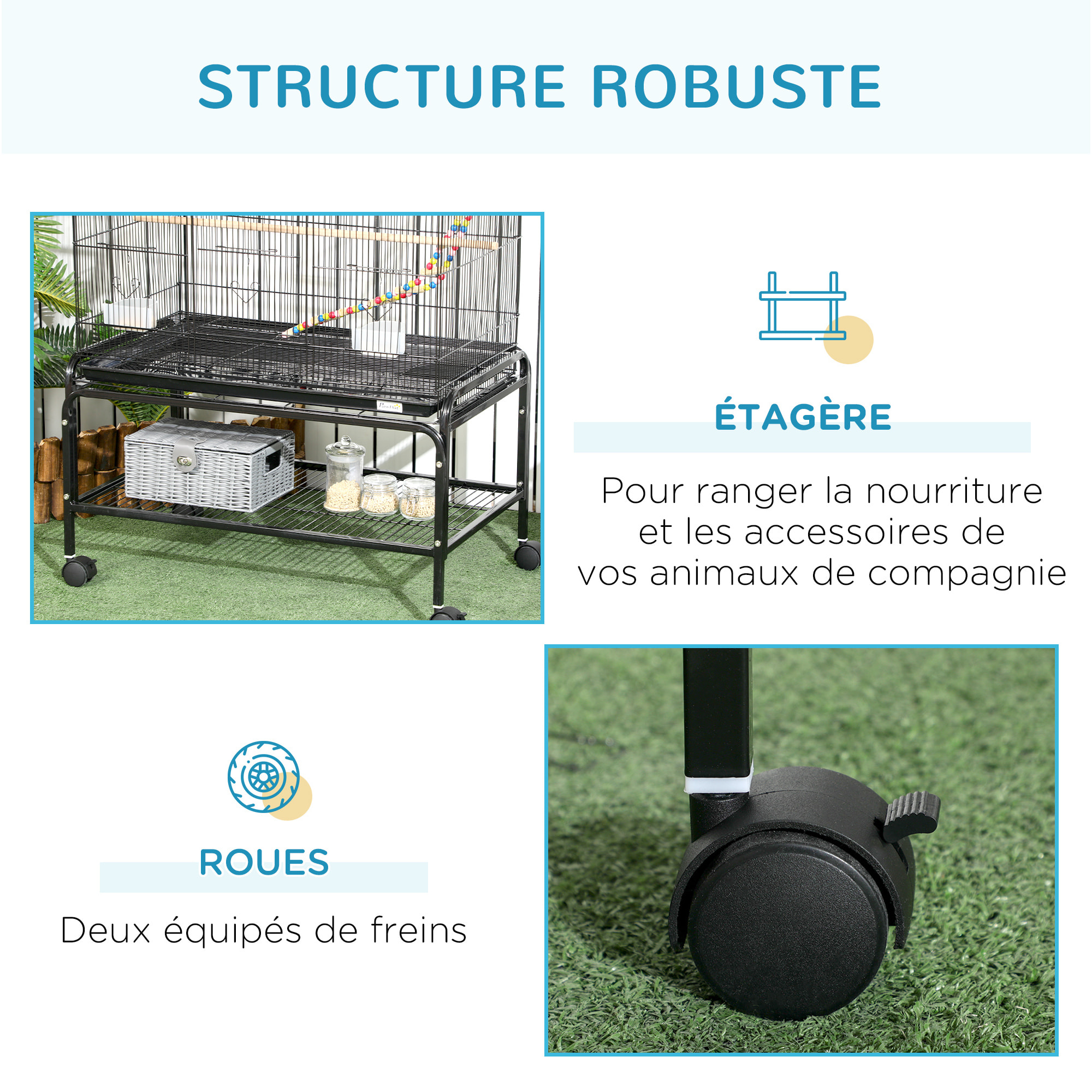 Cage à oiseaux sur roulettes - étagère, plateau déjection, 3 perchoirs, 4 mangeoirs, 2 portes, 8 trappes, accessoires - acier noir