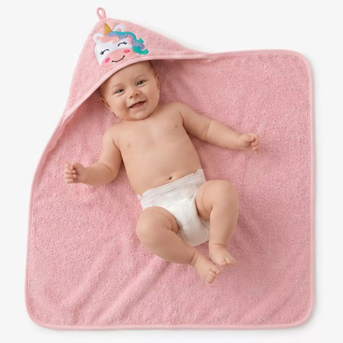 Cape de bain enfant pur coton 420 g/m² brodé rose Petite licorne rose