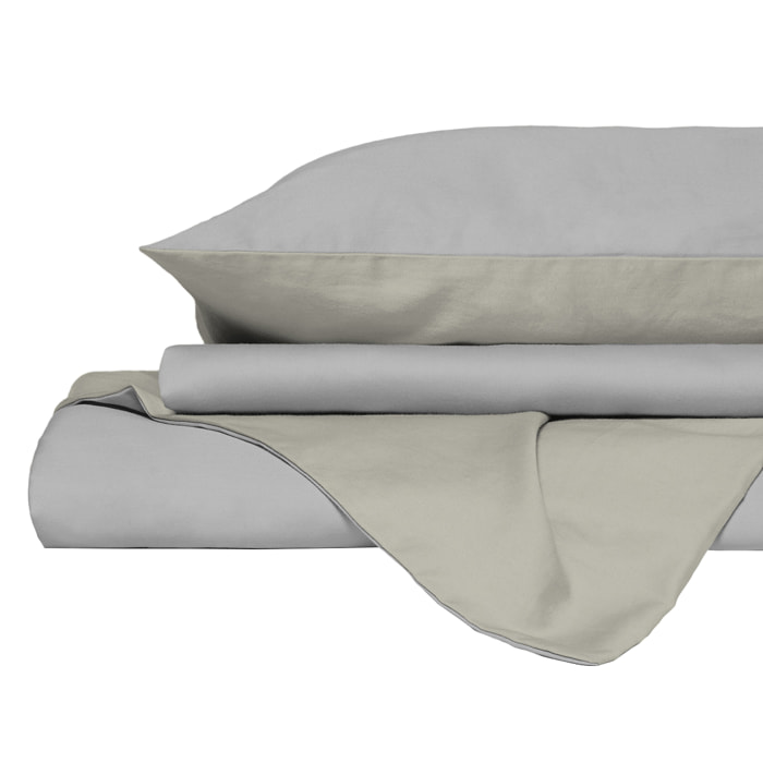 PARURE COPRIPIUMINO NATURAL COLOR, 100% Cotone, Made in Italy - GRIGIO CHIARO/PANNA
