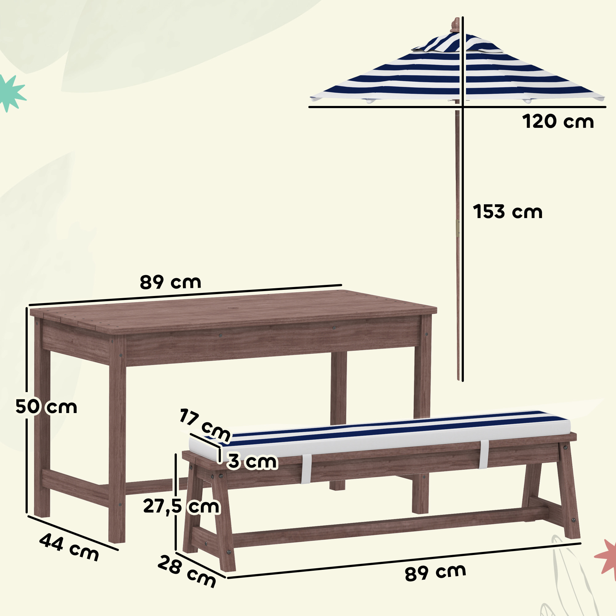 Table pique-nique enfant - ensemble salon de jardin enfant - 2 bancs, coussins et parasol - bois brun